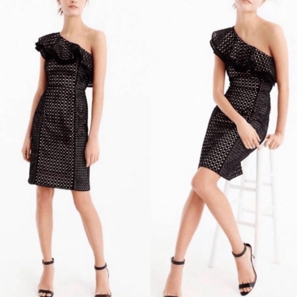 J. Crew Black One-Shoulder Ruffle Polka Dot Dress
